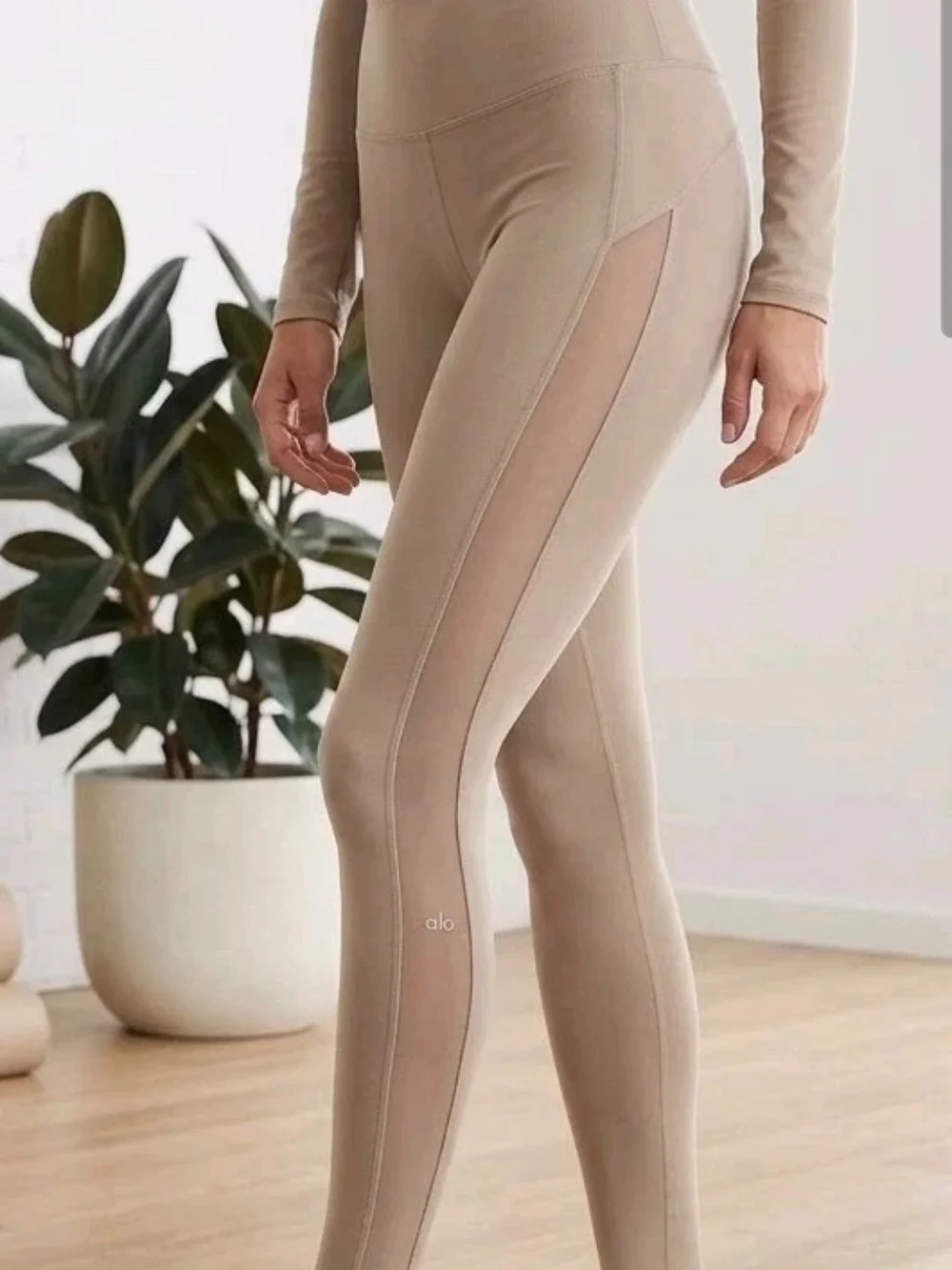 Alo Yoga Block Mesh High-Waist Leggings XS Taupe Gravel Tan Sheer Panel Athletic